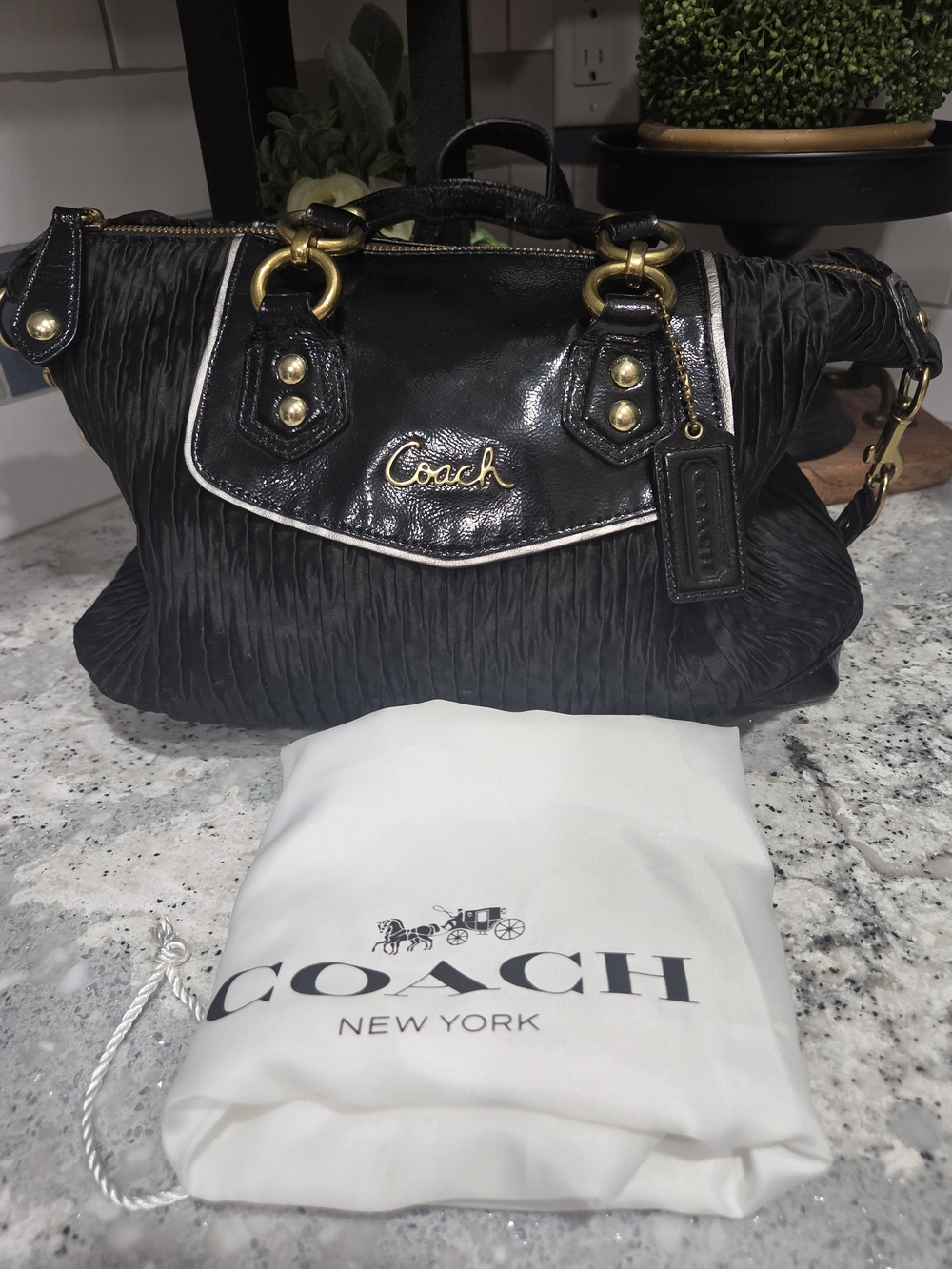 Coach Black Ruched Leather Satchel with Gold Hardware